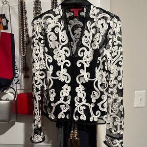 JS Collections Black and White Embroidered Blazer